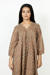 Cotton Hand Block Printed Dress - Brown