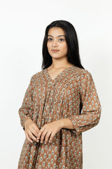 Cotton Hand Block Printed Dress - Brown