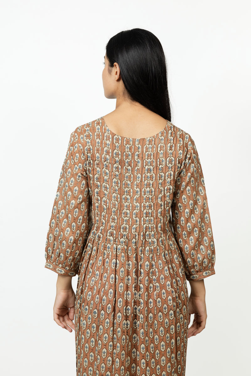 Cotton Hand Block Printed Dress - Brown