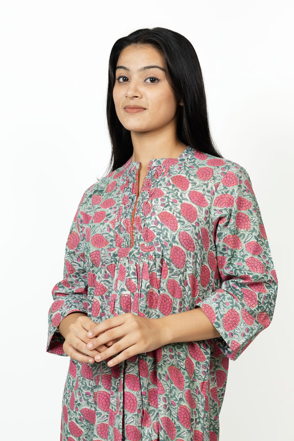 Cotton Hand Block Printed Dress - Pink