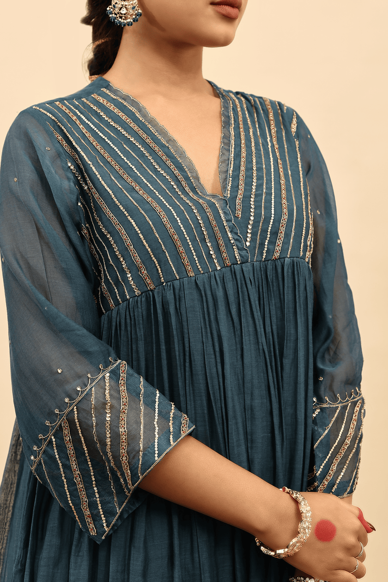 Chanderi Hand Work Kurta - Blue