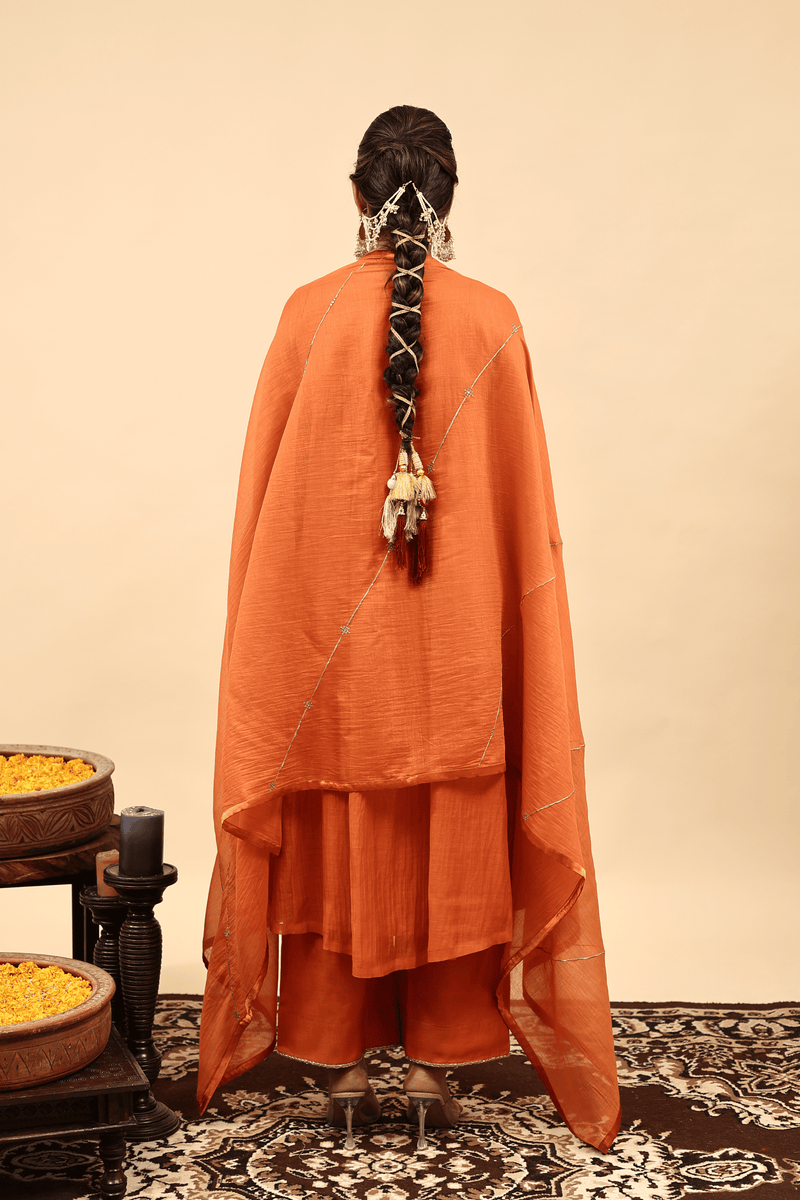 Chanderi Hand Work Kurta - Orange