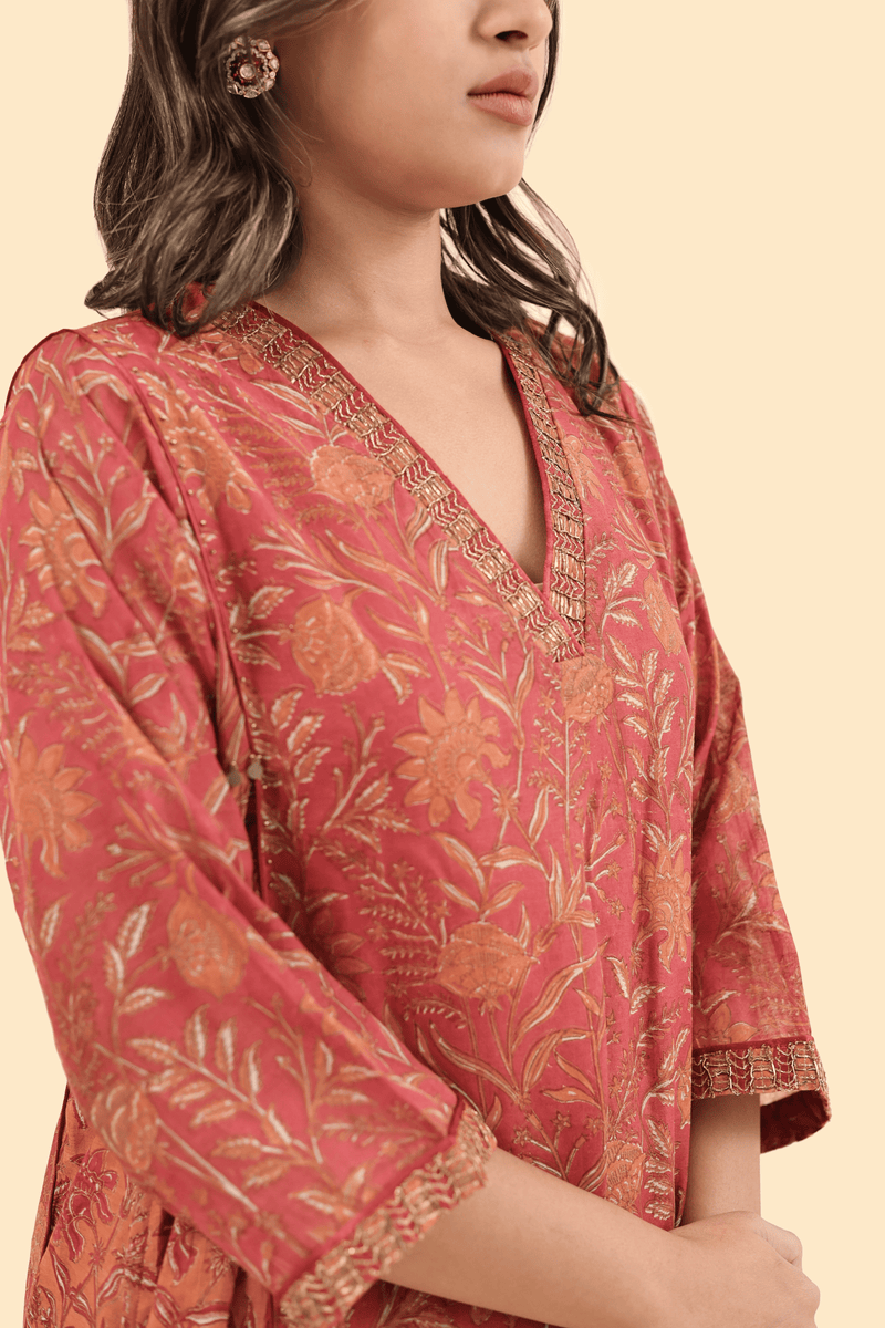 Chanderi Hand Block Printed Embroidered V Neck Kurta - Orange