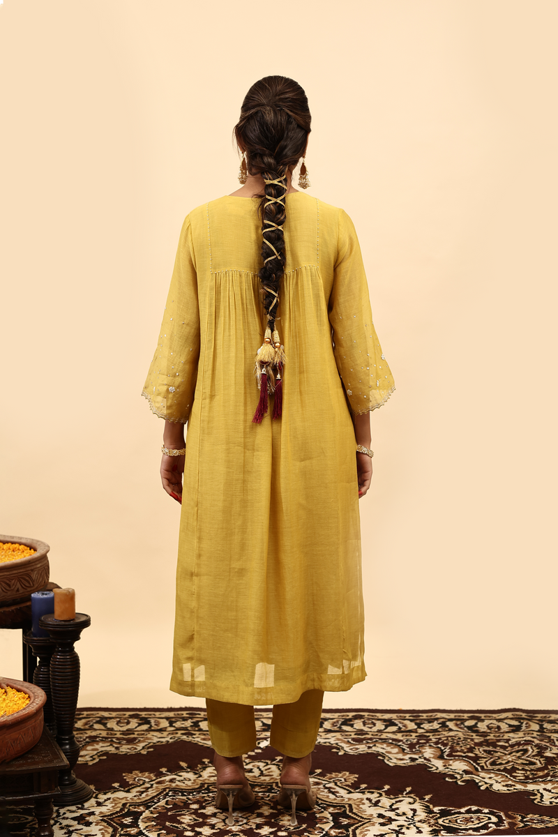 Chanderi Hand Work Kurta - Yellow