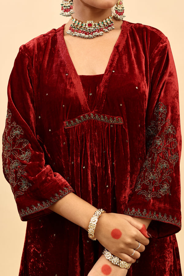 Velvet Hand Work Kurta - Red