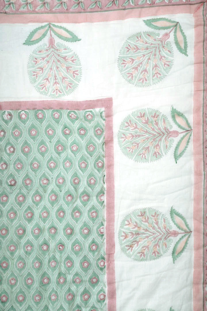 Cotton Hand Block Printed Quilt - Light Green