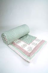 Cotton Hand Block Printed Quilt - Light Green