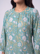Green Cotton Hand Block Floral Print Top