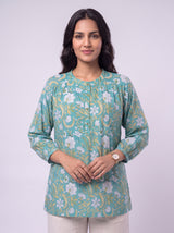 Green Cotton Hand Block Floral Print Top