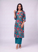 Blue Cotton Hand Block Floral Print Kurta