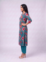 Blue Cotton Hand Block Floral Print Kurta