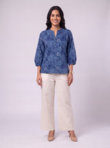 Blue Cotton Hand Block Floral Print Top