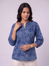 Blue Cotton Hand Block Floral Print Top