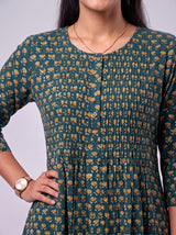 Green Hand-Block Printed Cotton Midi Dress