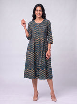 Green Hand-Block Printed Cotton Midi Dress