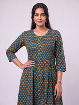 Green Hand-Block Printed Cotton Midi Dress