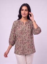 Green Cotton Hand Block Printed Top
