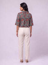 Green Cotton Hand Block Floral Print Shirt