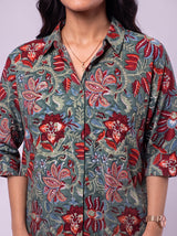 Green Cotton Hand Block Floral Print Shirt