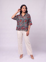 Green Cotton Hand Block Floral Print Shirt