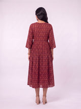 Red Hand-Block Printed Cotton Midi Dress