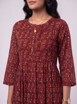 Red Hand-Block Printed Cotton Midi Dress