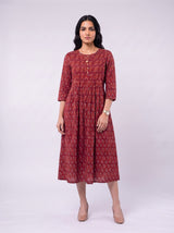 Red Hand-Block Printed Cotton Midi Dress