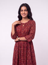 Red Hand-Block Printed Cotton Midi Dress