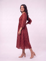 Red Hand-Block Printed Cotton Midi Dress