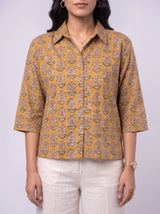 Yellow Cotton Hand Block Floral Print Shirt