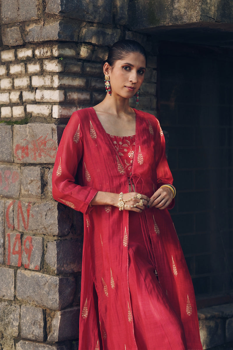Chanderi Shrug Set - Red