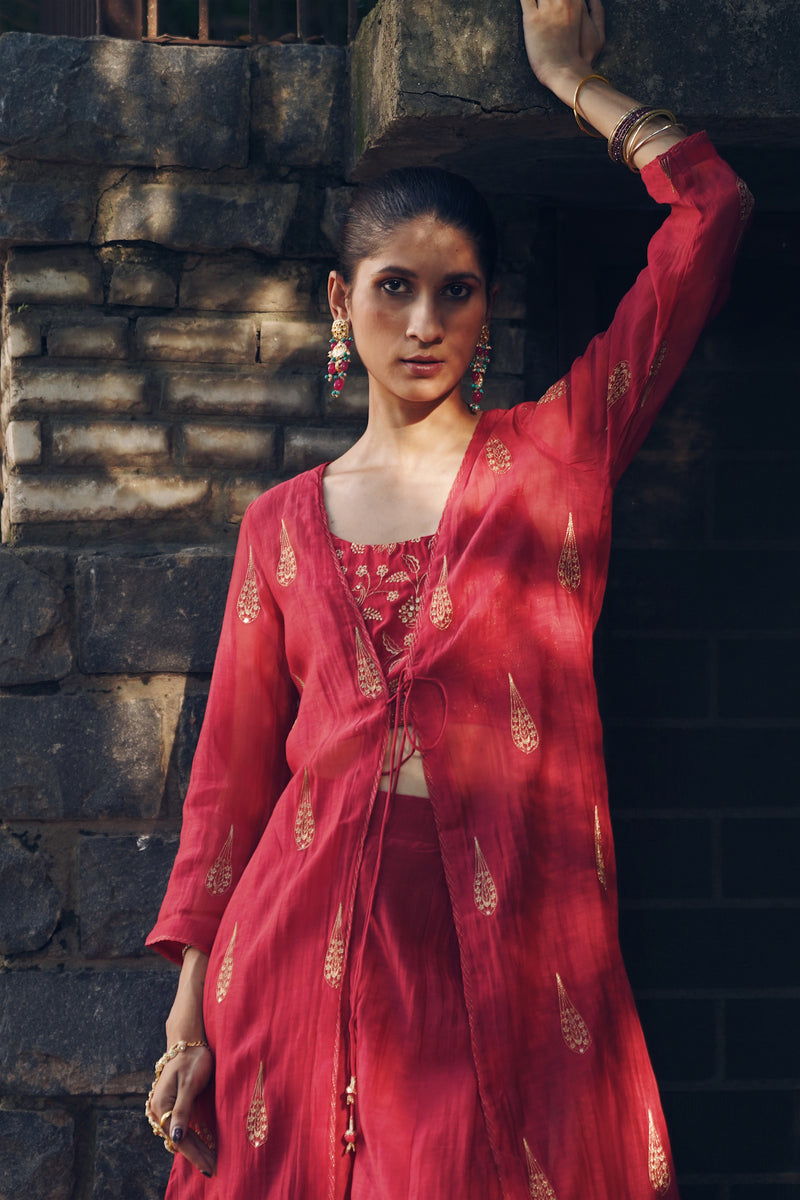 Chanderi Shrug Set Red - Main Image