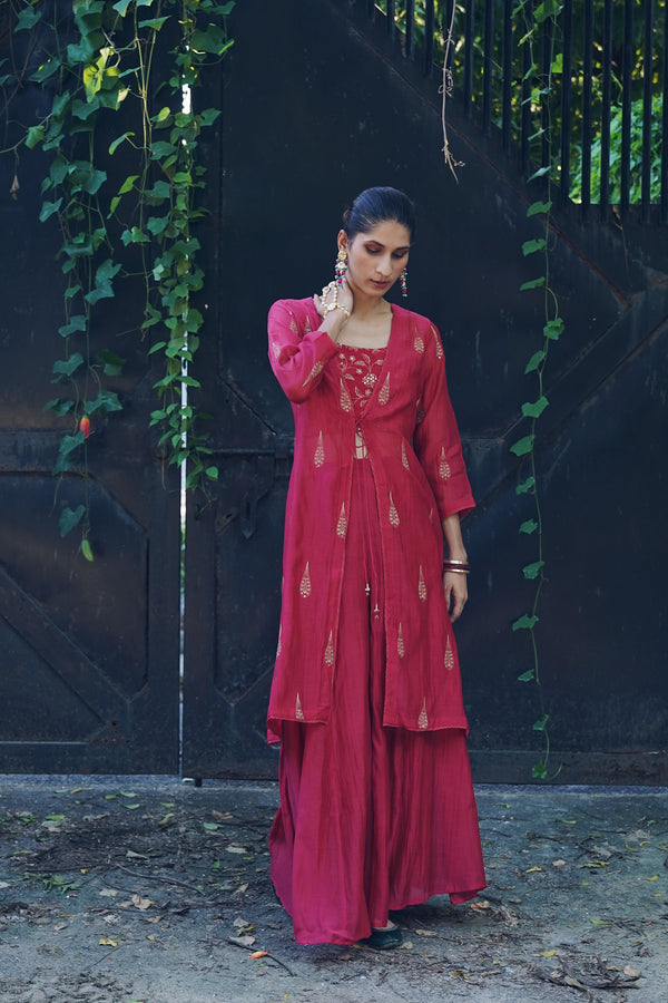 Chanderi Shrug Set - Red