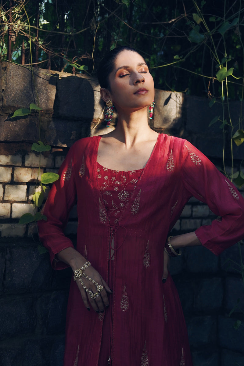 Chanderi Shrug Set - Red