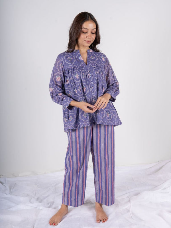 Cotton Hand Block Printed Parallel - Purple