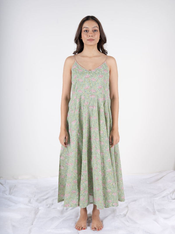 Cotton Hand Block Printed Dress - Green