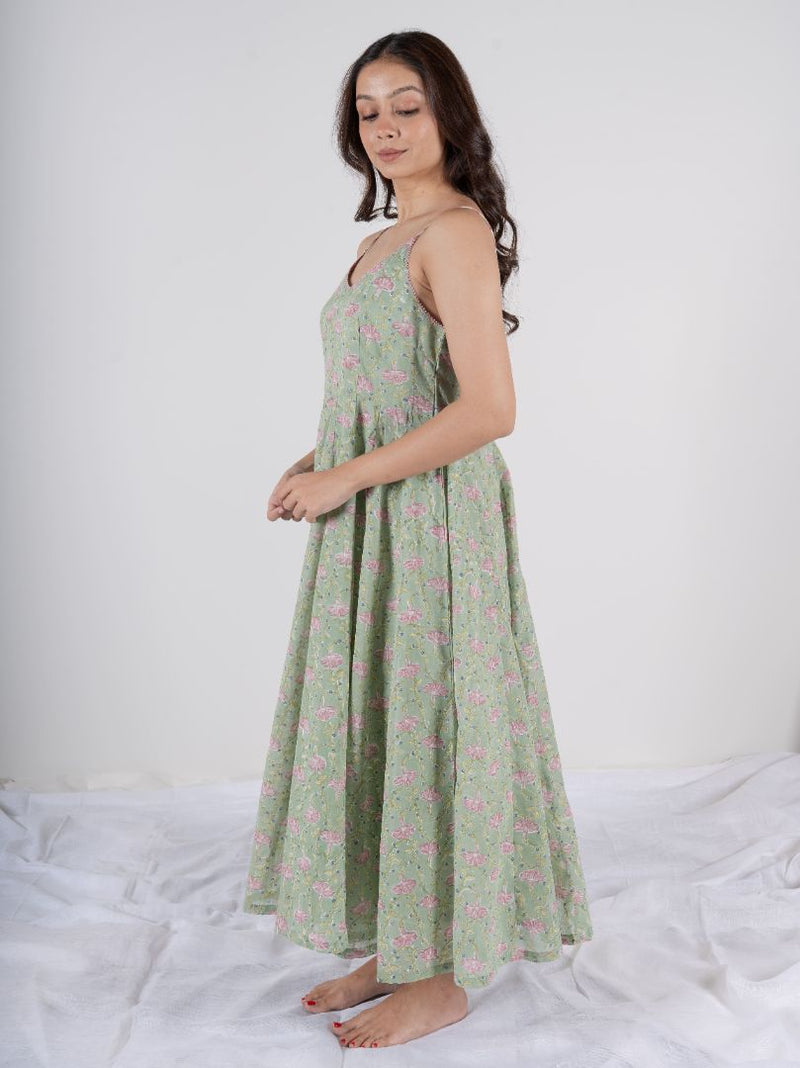 Cotton Hand Block Printed Dress - Green