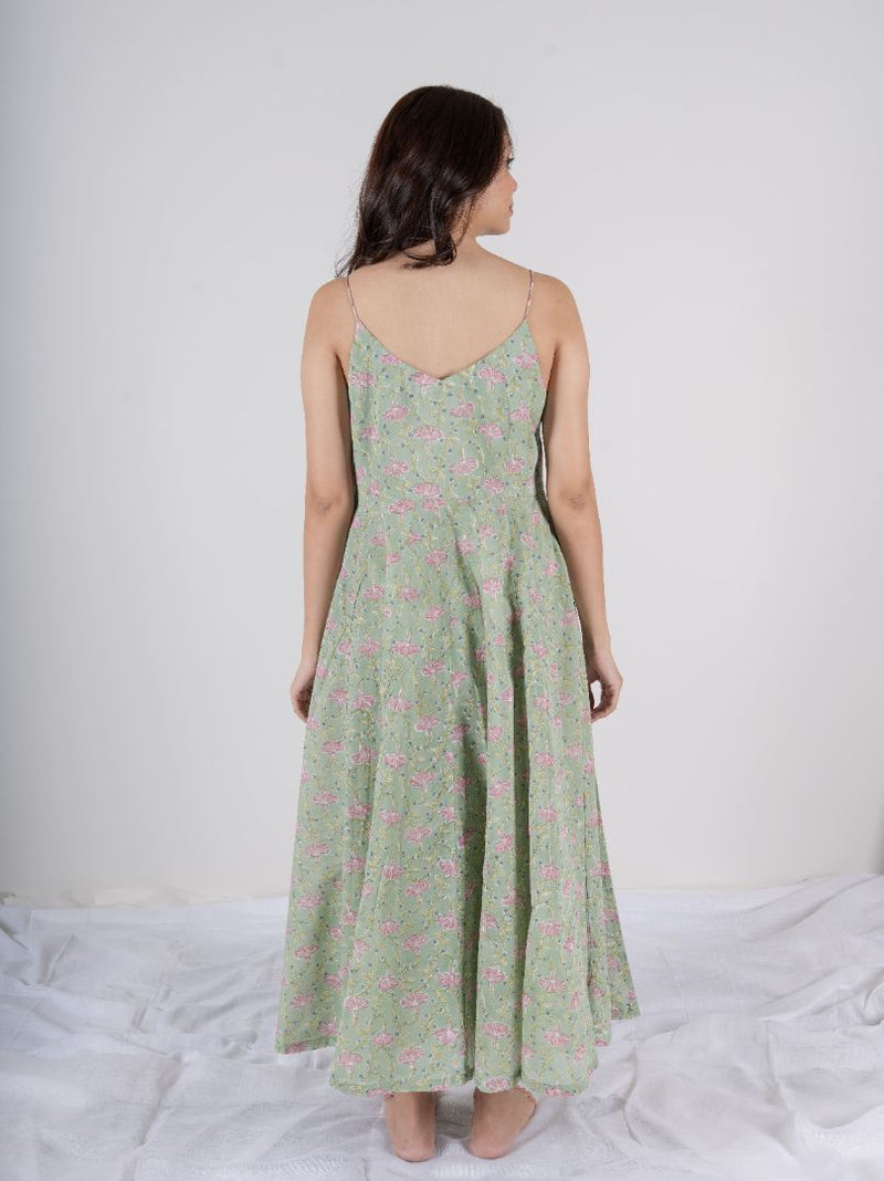 Cotton Hand Block Printed Dress - Green