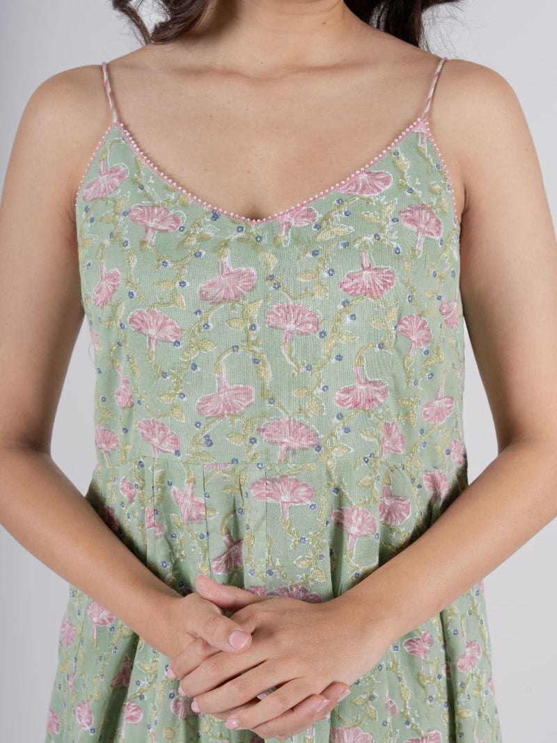Cotton Hand Block Printed Dress - Green