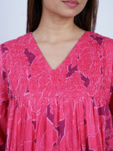 Pink Floral Smocked-Yoke Midi Dress