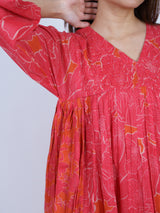 Orange Botanical V-Neck Gathered Midi Dress