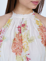 Floral Chanderi Hand Block Printed Halter Midi Dress