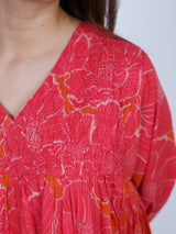 Orange Botanical V-Neck Gathered Midi Dress