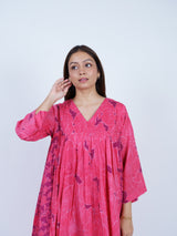 Pink Floral Smocked-Yoke Midi Dress