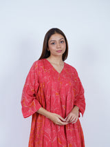Orange Botanical V-Neck Gathered Midi Dress