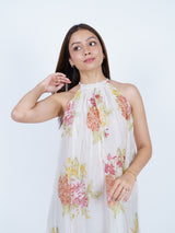 Floral Chanderi Hand Block Printed Halter Midi Dress