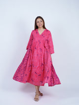Pink Floral Smocked-Yoke Midi Dress