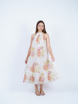 Floral Chanderi Hand Block Printed Halter Midi Dress