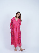 Pink Floral Smocked-Yoke Midi Dress