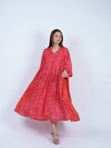 Orange Botanical V-Neck Gathered Midi Dress